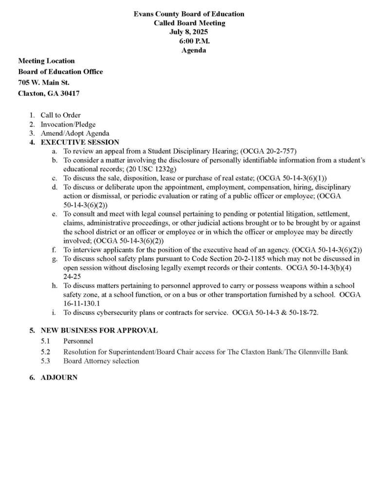 Called Board Meeting Agenda