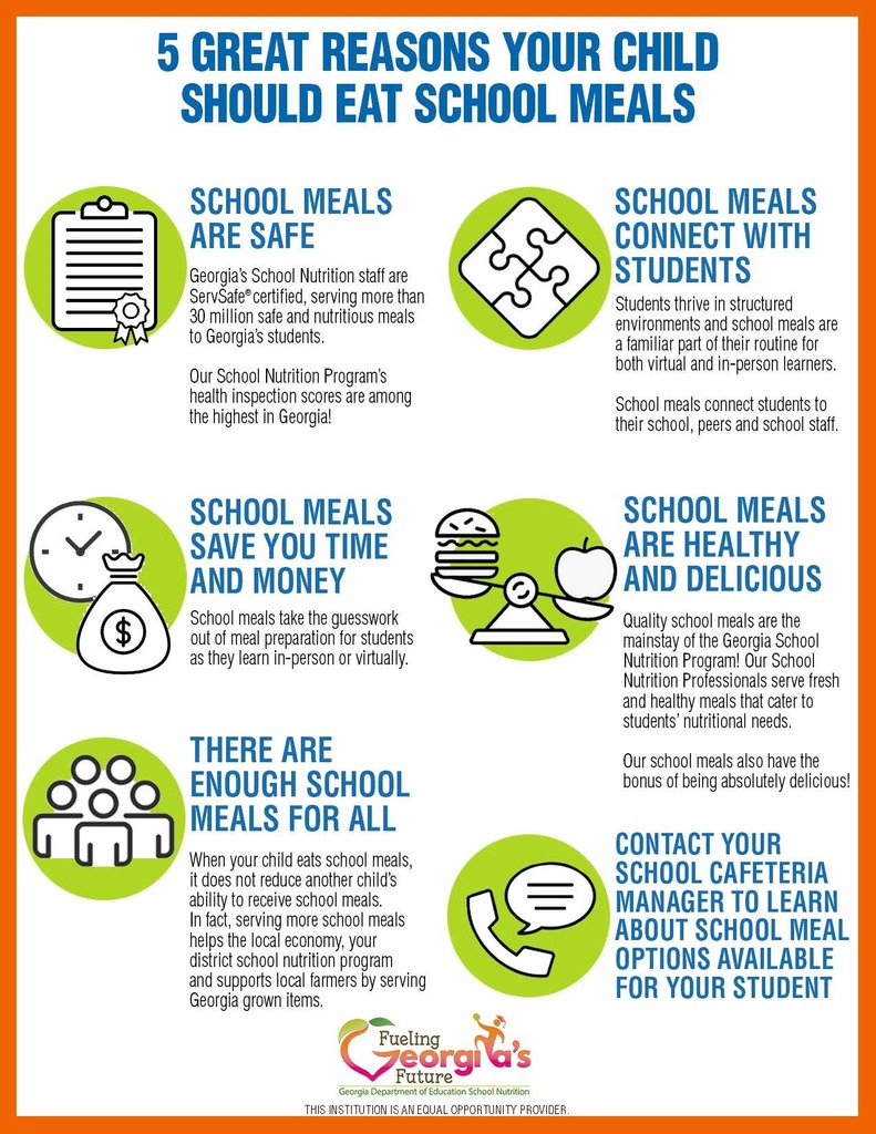 Five Great Reasons Your Child Should Eat School Meals  - School Meals are Safe - School Meals Connect with Students - School Meals Save You Time and Money - School Meals are Healthy and Delicious - There are Enough School Meals for All
