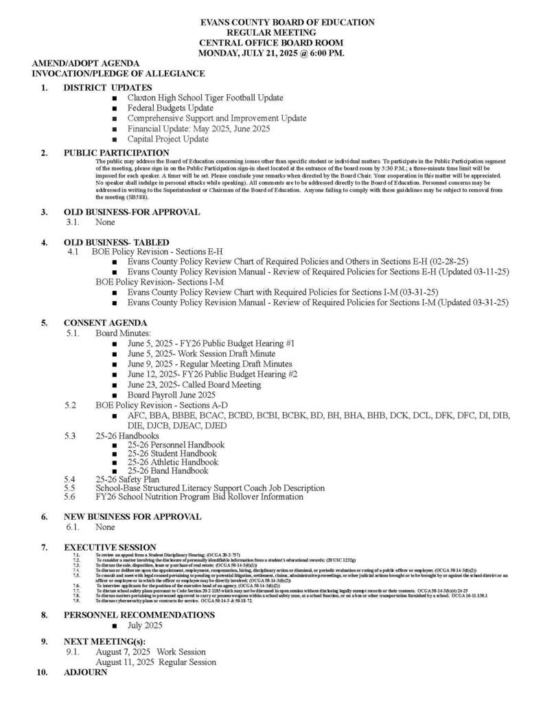 Regular Board Meeting Agenda
