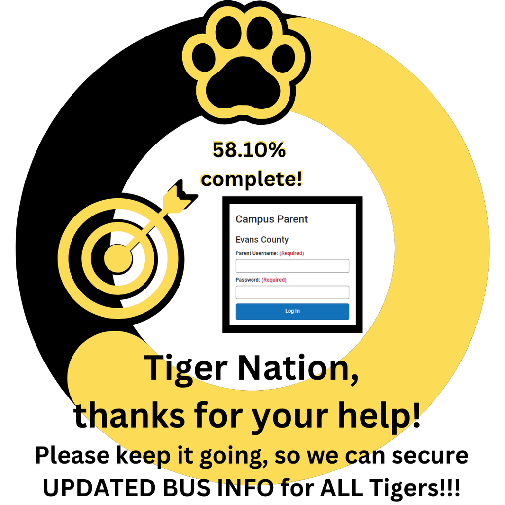 📣 58.6% Annual Updates complete!!! We see you, Tiger families!!! AWESOME job!!!🐯 If you haven't completed, please do so TODAY, so we can secure UPDATED BUS INFO for ALL Tigers!!! 