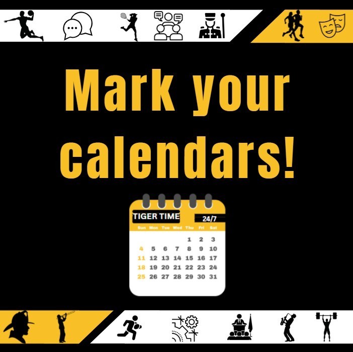 Mark your calendar graphic; images on calendar and graphics symbolizing various school related events (athletics, meetings, arts, etc.)