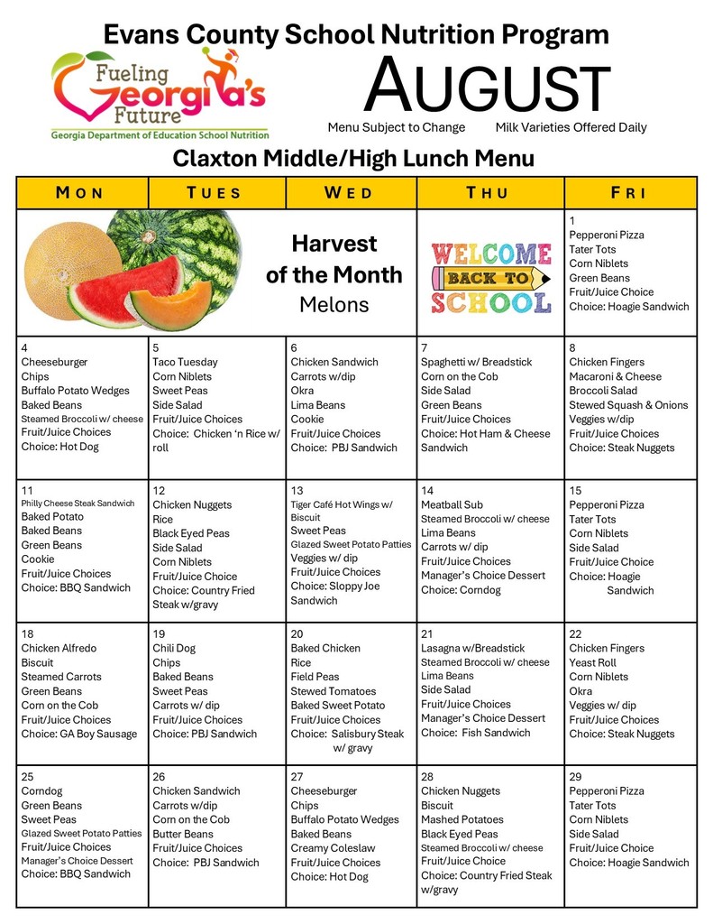 CMS/CHS August Lunch Menu