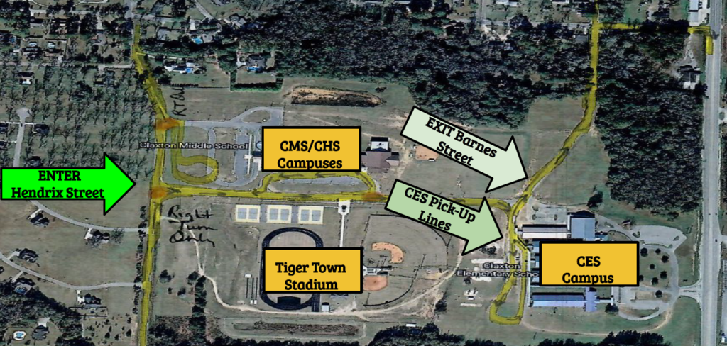 Graphic of traffic pattern with CMS, CHS, Tiger Town, CES in map; 