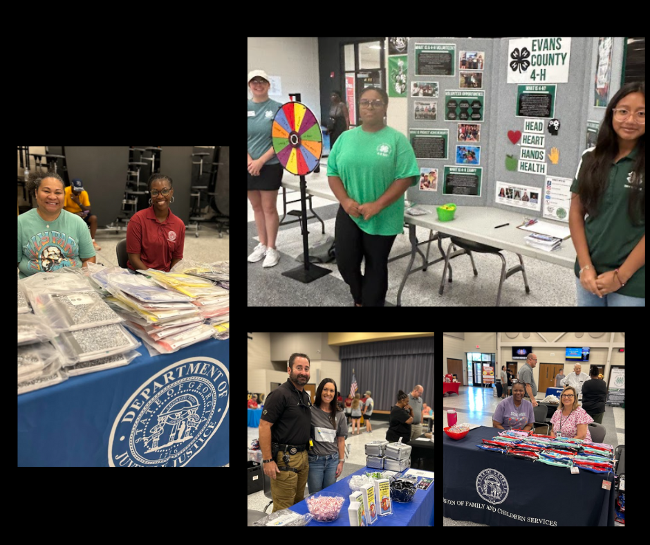 Collage of pictures with community vendors and staff preparing for Back to School Bash