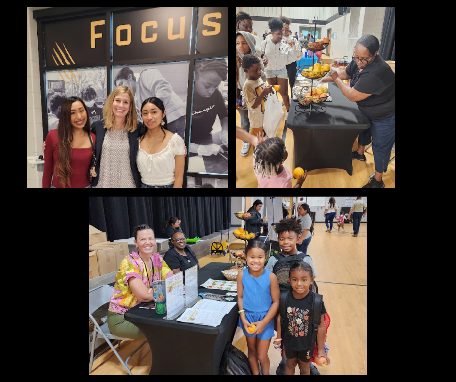 Collage of pictures with community vendors and staff preparing for Back to School Bash