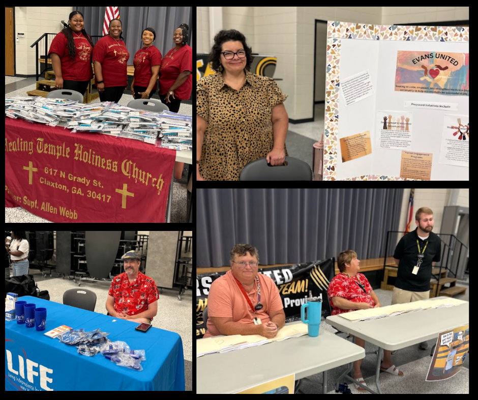 Collage of pictures with community vendors and staff preparing for Back to School Bash