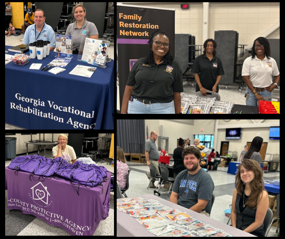 Collage of pictures with community vendors and staff preparing for Back to School Bash