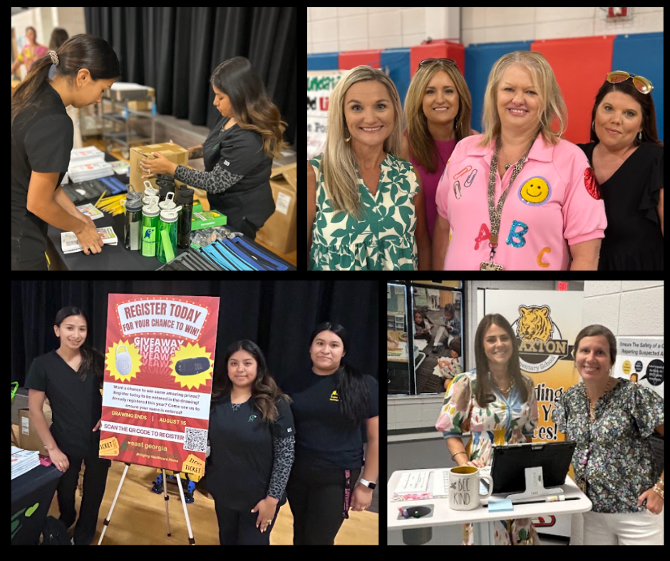 Collage of pictures with community vendors and staff preparing for Back to School Bash