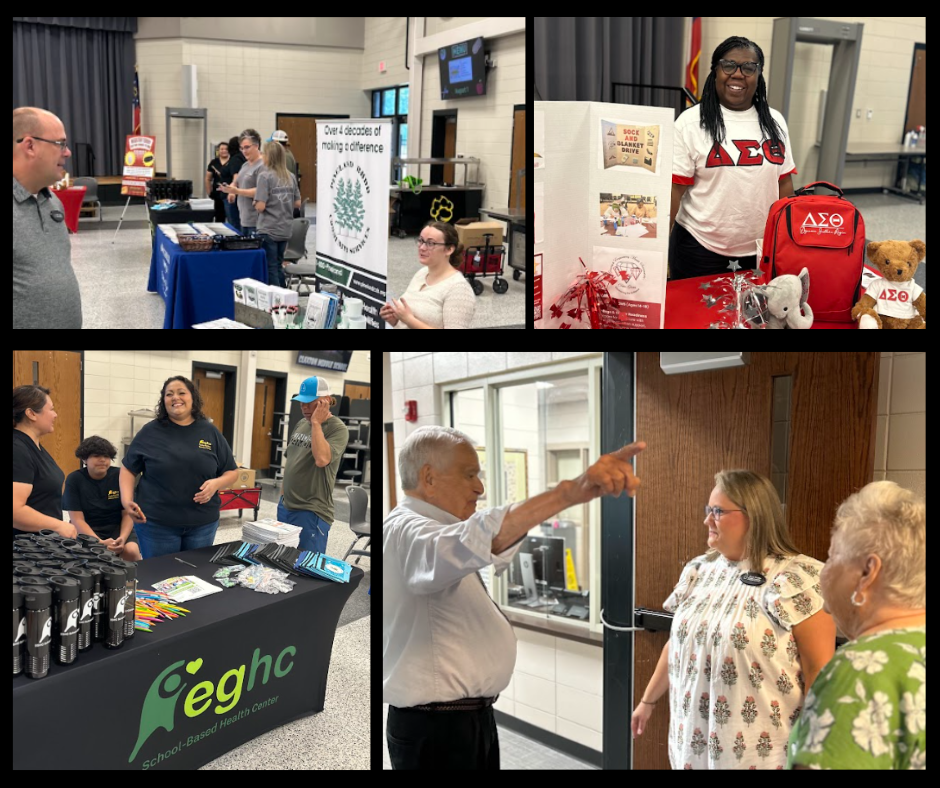 Collage of pictures with community vendors and staff preparing for Back to School Bash