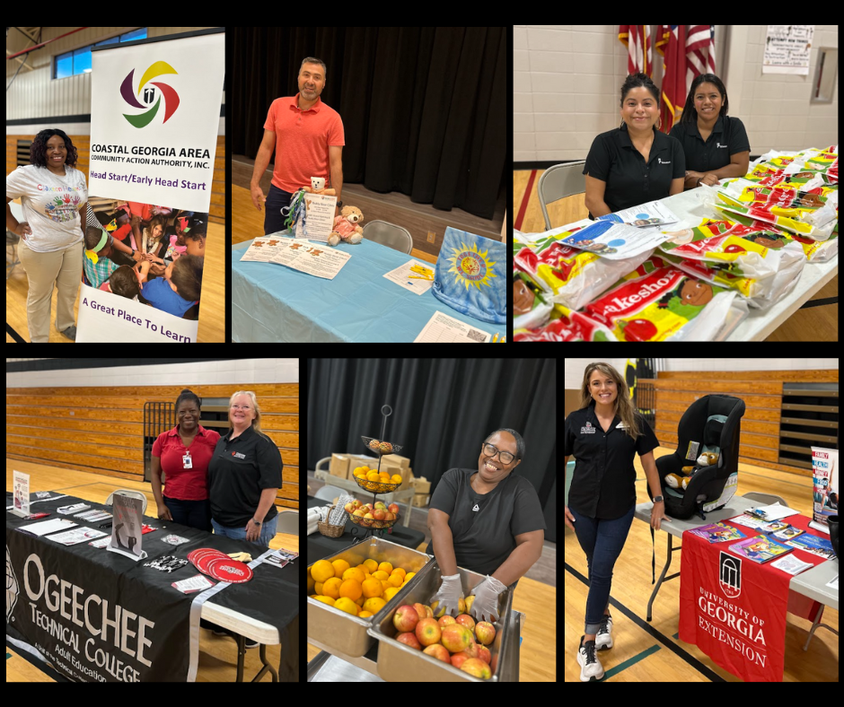 Collage of pictures with community vendors and staff preparing for Back to School Bash