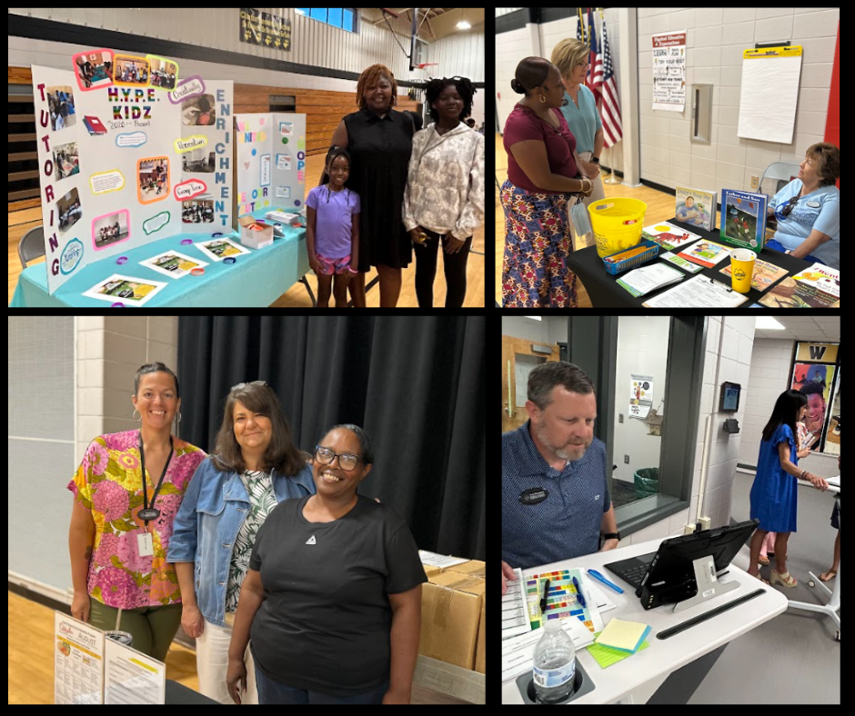 Collage of pictures with community vendors and staff preparing for Back to School Bash