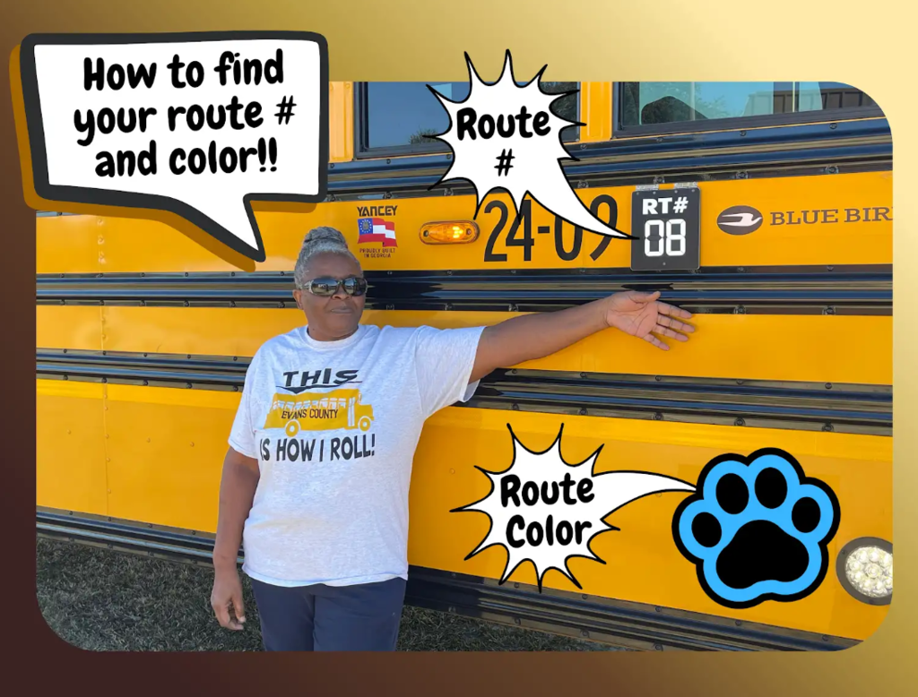Photo of bus with directions about how to find route number and bus magnet route color
