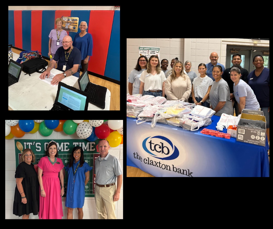 Collage of pictures with community vendors and staff preparing for Back to School Bash