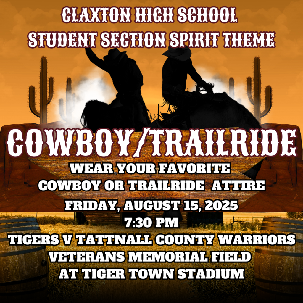 🐯🏈 CALLING ALL CHS TIGER FANS! 🤠🎉 Get ready for a rootin'-tootin' good time under the Friday Night Lights as we kick off the 2025 season home opener!  📅 Friday, August 15, 2025 🕢 Kickoff: 7:30 PM 📍 Home vs. Tattnall County  🎯 STUDENT SECTION THEME: Cowboy/Trailride! Saddle up in your best cowboy boots, hats, fringe, and trailride gear and ride into the stands to help us cheer our Tigers to victory! 🐅💛🖤  Let’s pack the stands in BLACK & GOLD and show Tattnall what Tiger pride is all about! 💪🔥  #CHSTigerPride #FridayNightLights #TrailrideTheme #CowboyUp #TigerNation #GoTigers #BlackAndGold #TigerTakeover #HomeOpenerVibes