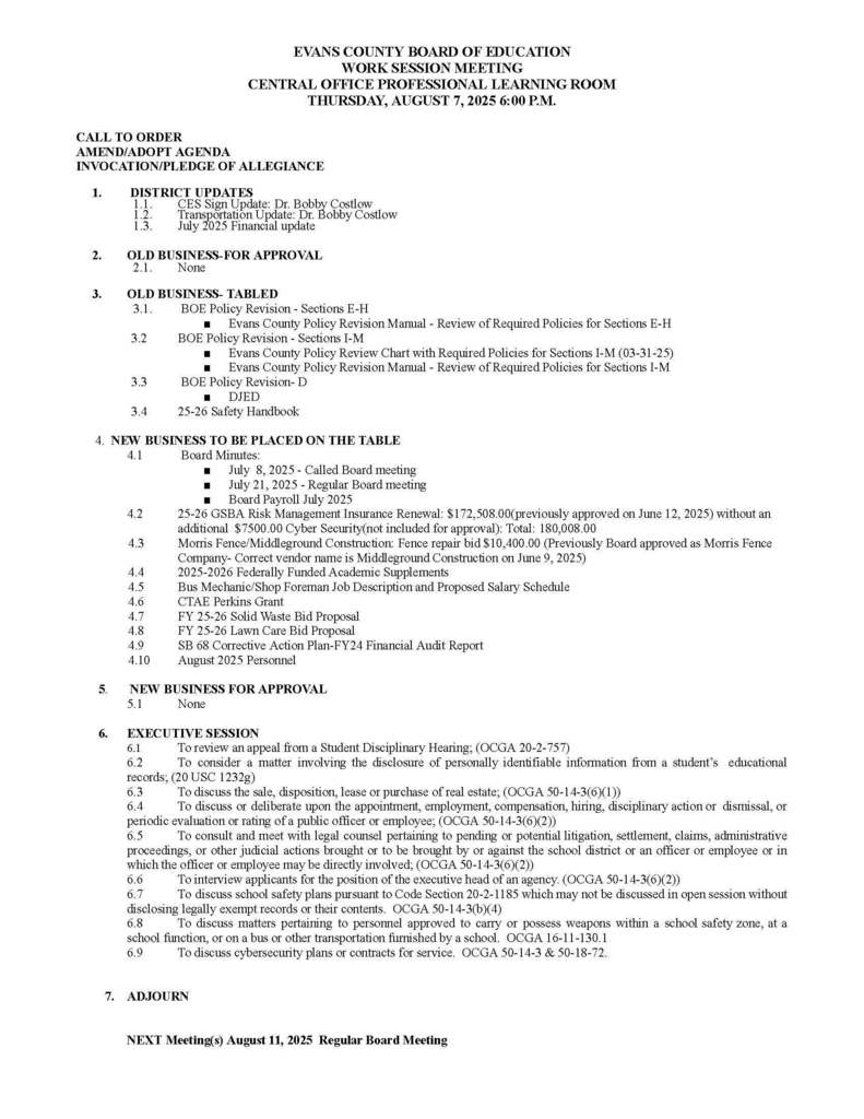 Work Session Agenda