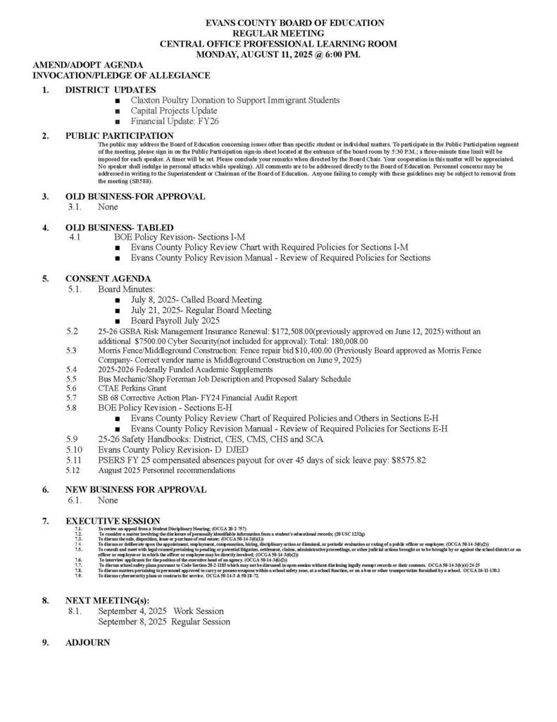 Regular Board Meeting Agenda