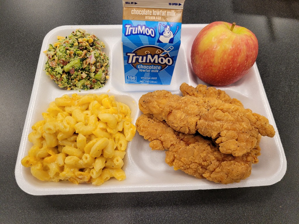 Picture of Tray with Chicken Fingers, Macaroni and Cheese, Broccoli Salad, an Apple, and Milk