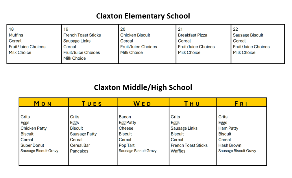 Breakfast Menus for Claxton Elementary and Claxton Middle/High School for the Week of August 18th