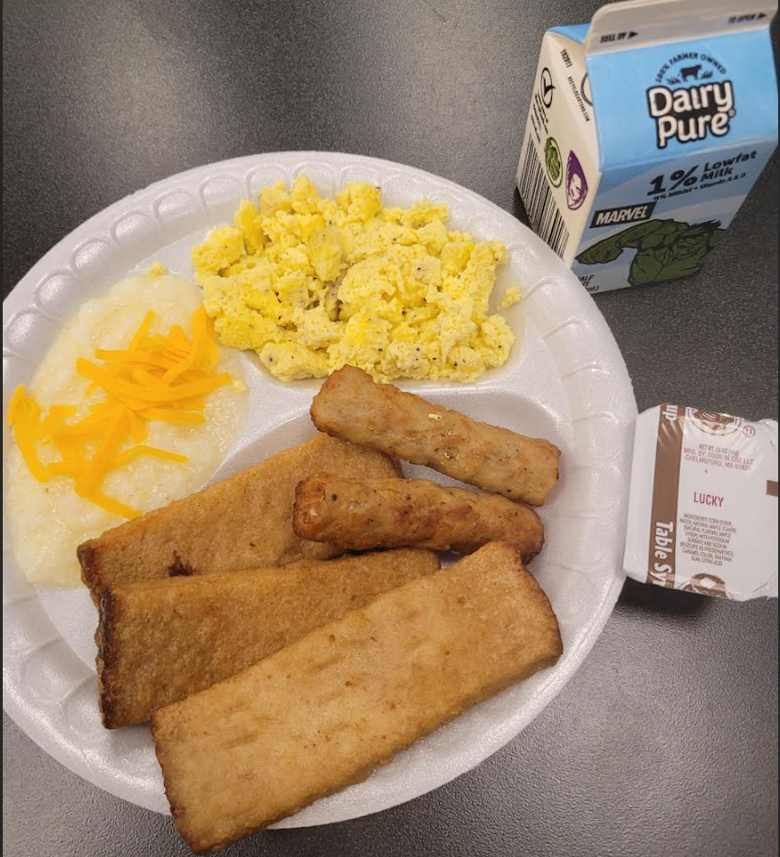 French Toast Sticks, Sausage, Grits, Eggs, and Milk