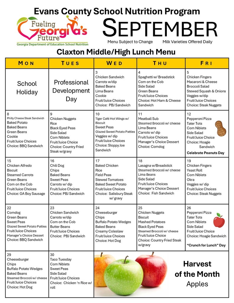 CMS/CHS September Lunch Menu