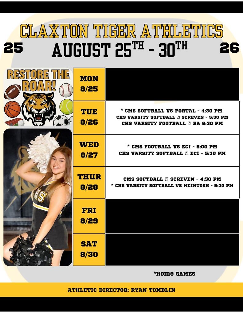 Tiger Athletic Schedule August 25-30