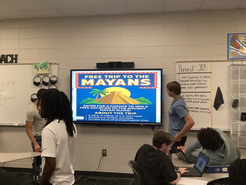 Picture showing 📚✨ Coach Lanier’s Advanced World History students at Claxton High School spent time diving into the fascinating world of the MesoAmerican Empires — the Mayan, Aztec, and Incan civilizations! 🏹🌎  Students explored the rich culture and traditions of these empires, their technological advances, and the events that led to their conquest. ⚔️🔍 As their learning progressed, they also debated the pros and cons of the Columbian Exchange, examining its lasting effects on Native populations and how it continues to shape our modern-day culture. 🌽🍫  🐯We are proud of our Tigers for their curiosity, hard work, and passion for history! 🖤💛  #ClaxtonHigh #BlackAndGoldTigers #WorldHistory #MesoAmericanEmpires #LearningInAction #ColumbianExchange #StudentSuccess