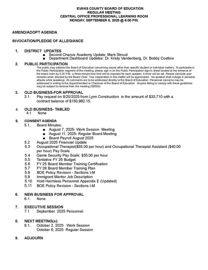 Regular Board Meeting Agenda