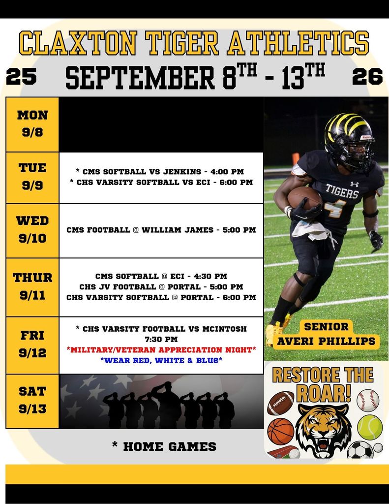 Claxton Tiger Athletics Weekly Schedule for September 8th with Senior Averi Phillips