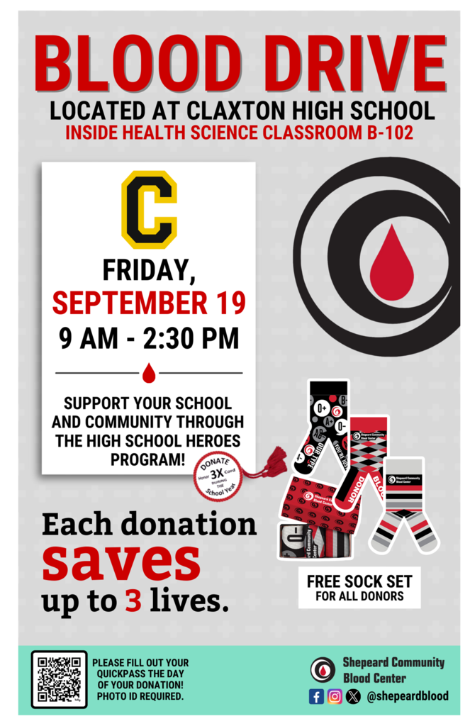 Image showing 🖤💛 Claxton High School Tigers — Black & Gold Pride! 💛🖤  🩸 Shepeard Community Blood Center will be at Claxton High School on Friday, September 19th from 9:00 a.m. – 2:30 p.m. for a Blood Drive!  📍 Location: Healthcare Science classroom 🧾 Requirements:  Must be at least 16 years old to donate  Parental consent required for students age 16 (forms available from Mrs. Welch)  Photo ID required for all donors  📅 To schedule your donation time, see Mrs. Welch. 💪 The blood drive is open to the community — come out and support!  Let’s show our Tiger Pride while saving lives! 🖤💛  #ClaxtonTigers #BlackAndGold #TigerPride #BloodDrive #SaveLives #ShepeardBloodCenter