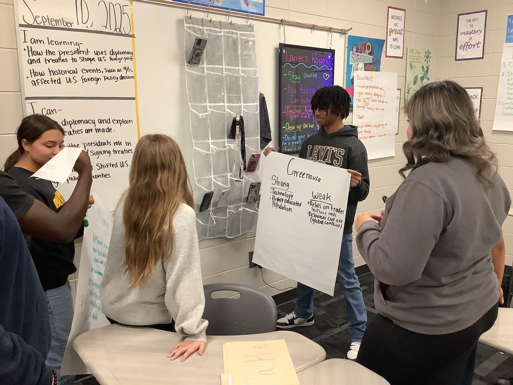 Image showing 📚✨ Coach Lanier’s Government classes have been diving deep into the Executive Branch and the roles of the President! 🇺🇸 As part of their unit on foreign policy, students became leaders of fictional countries 🌍—representing economic aid, military aid, humanitarian aid, and technology. Each country first reflected on its own strengths 💪 and weaknesses 🤔, then worked with others to find ways to cooperate. The ultimate challenge? 🤝 To create a treaty that benefits all four nations—ensuring balance, fairness, and collaboration without one country dominating the rest. To prepare, students explored real-world examples like the Marshall Plan, 9/11 & NATO, and the Lend-Lease Act, connecting history to today’s global relationships. 🌐 We’re so proud of our Tigers for learning how cooperation and diplomacy shape the world! 🐅💛🖤 #ClaxtonTigers #GovernmentClass #ExecutiveBranch #FutureLeaders #ForeignPolicy #Teamwork #LearningByDoing #BlackAndGold