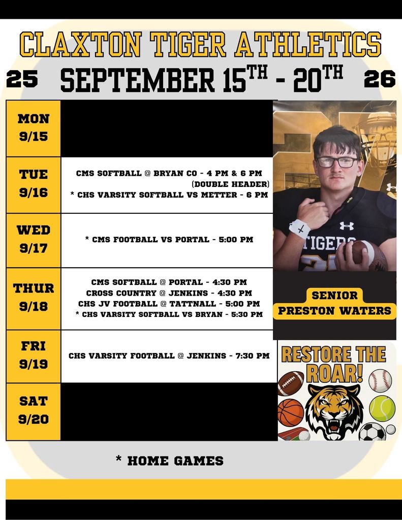Claxton Tiger Athletics Weekly Schedule September 15-20