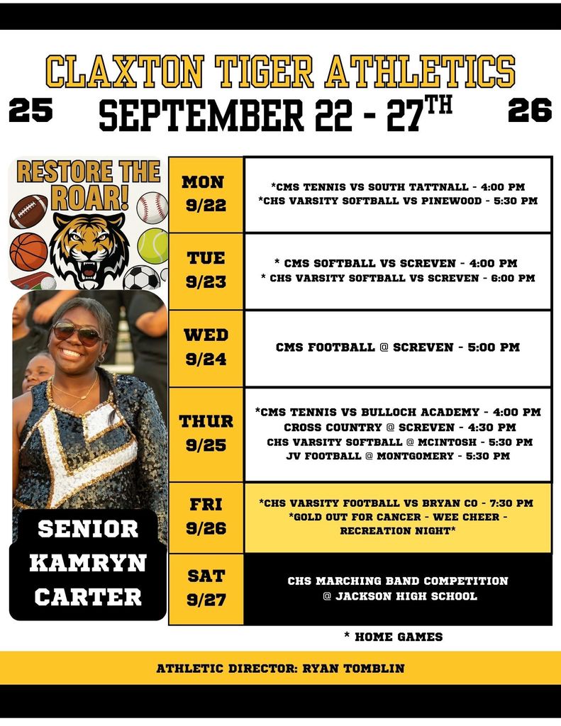 Week of September 22nd Schedule in Athletics