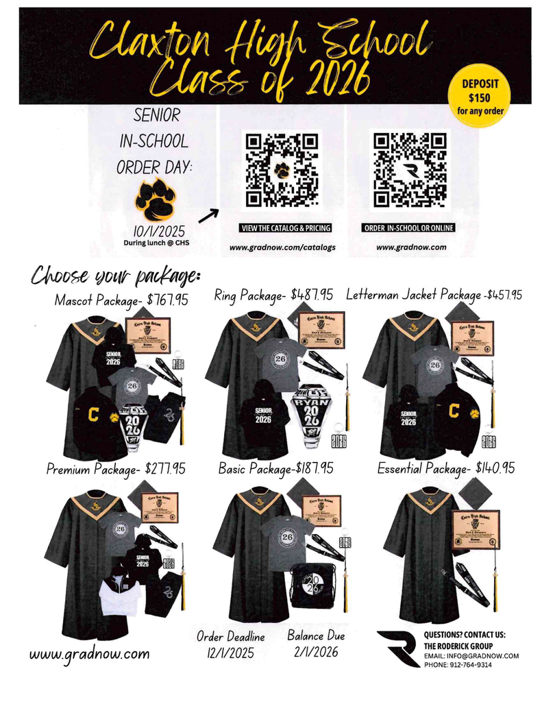 Image about 🎓✨ Class of 2026! ✨🎓 If you missed the Senior Information Meeting with Herff Jones on 🗓️ Wednesday, September 24, 2025 during Tiger Time 🖤💛, don’t worry — check out the attached flyers 📄. They’re also posted in the Class of 2026 Google Classroom 💻. 📌 Herff Jones representatives will be on campus during both CHS lunches on 🗓️ Wednesday, October 1, 2025 to take orders for caps and gown, as well as other Class of 2026 items, 📝 and answer any questions. 🐅#GoTigers #ClassOf2026 #SeniorYear #TigerPride #BlackAndGold #HerffJones