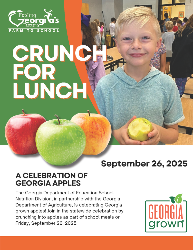 This is a Georgia Grown flyer celebrating Georgia Apples.  The Georgia Department of Education Nutrition Division, in partner ship with the Georgia Department of Agriculture, is celebrating Georgia Grown apples.  