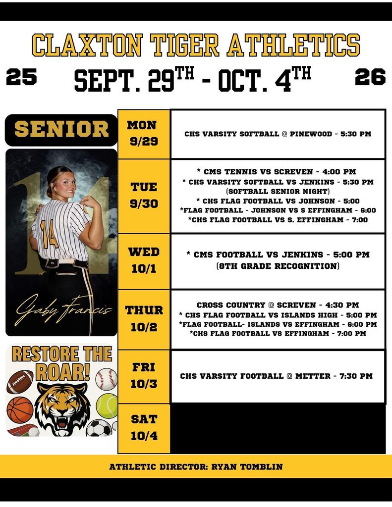 Tiger Athletics Week of September 29th Schedule with photo of Senior Gaby Francis