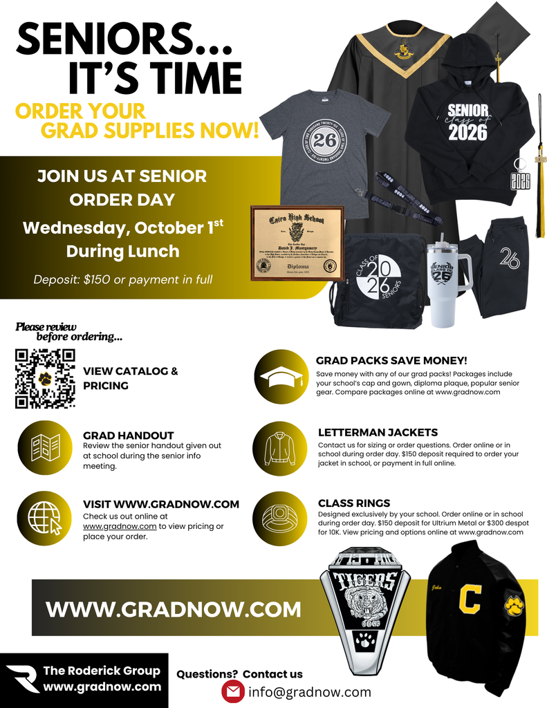 Image showing 🎓✨ Class of 2026 – It’s Time to Order! ✨🎓  Seniors, the wait is over! 🐯💛🖤  📅 Senior Ordering Day 🗓 Wednesday, October 1 ⏰ During Lunch  Herff Jones will be on campus to take your orders for: 🎓 Caps & Gowns 📜 Graduation Invitations 🎉 Class of 2026 keepsakes & more!  This is your chance to lock in all the essentials for graduation—don’t miss it, Tigers! 🐯🎓  #ClaxtonTigers #ClassOf2026 #SeniorStrong #BlackAndGoldPride