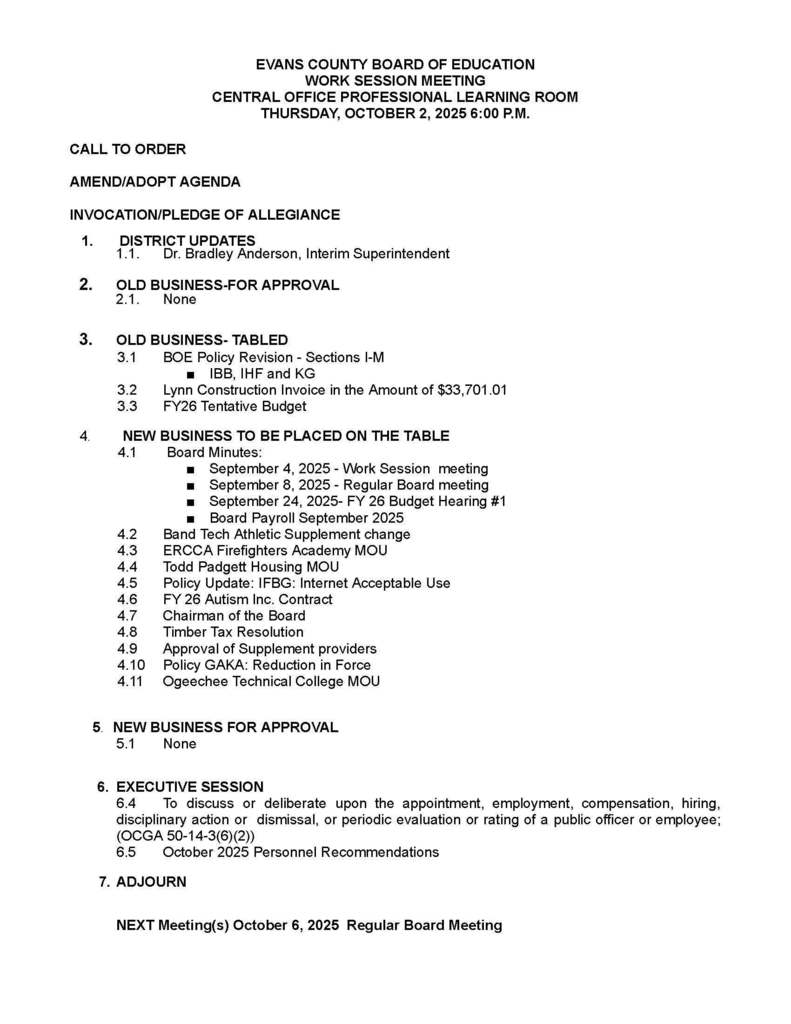 Work Session Agenda