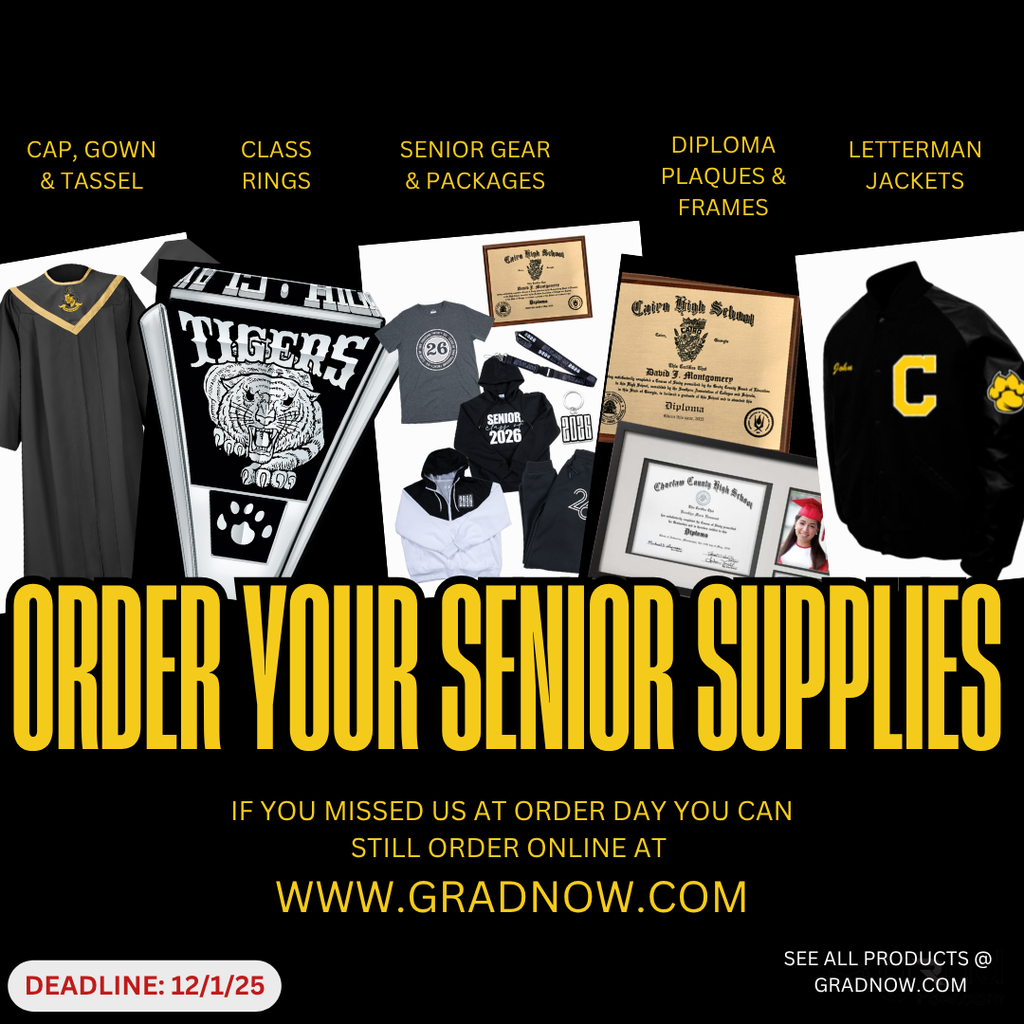 Image showing 🎓✨ **Class of 2026!** ✨🎓  If you missed the **Herff Jones meeting** at CHS on 🗓️ **Wednesday, October 1, 2025**, don’t worry — there’s still **plenty of time** ⏰ to place your order!  🖥️ You can visit 👉 www.gradnow.com to place your order.  ⚠️ **Deadline to order is December 1, 2025!** Don’t miss out on your senior gear and memories 🎉.  💛🖤 #GoTigers  #ClassOf2026 #SeniorYear #TigerPride #BlackAndGold