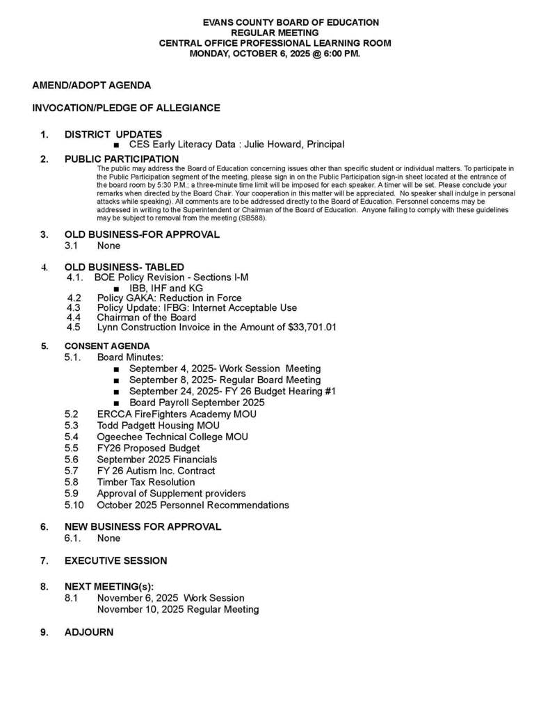 Regular Board Meeting Agenda