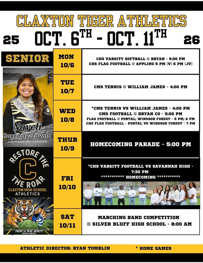 Claxton Tiger Athletics Weekly Schedule for October 6-11 Homecoming Week