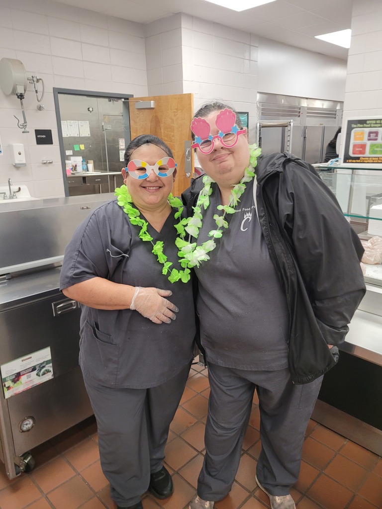Two school nutrition staff members posing with leis and fun glasses.