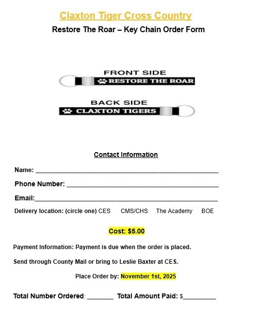 Claxton Tiger Cross Country Key Chain Order Form