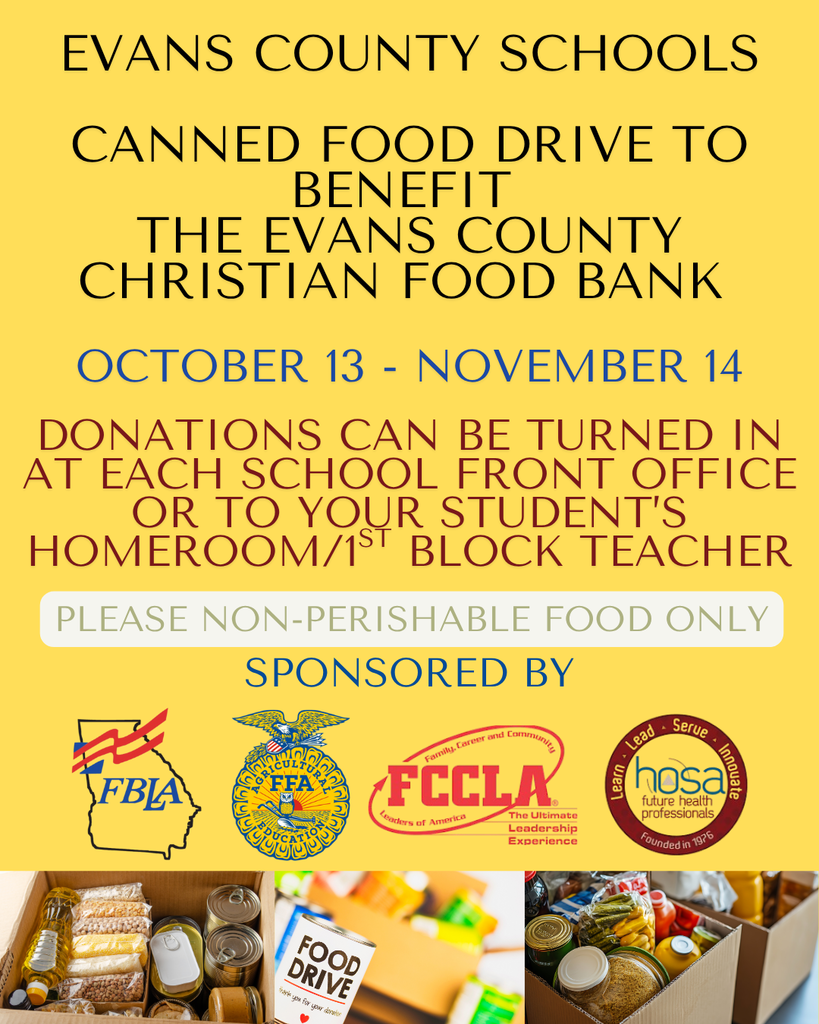 Image showing 🌟 Canned Food Drive! 🌟 The CTAE clubs of Claxton High School — FFA, FCCLA, FBLA, and HOSA — are teaming up to sponsor a Canned Food Drive to benefit the Evans County Christian Food Bank! 🥫💛 We invite all Evans County Schools’ students to participate in helping our community. 🤝 📅 Now through November 14, 2025 🧃 Please donate non-perishable food items only. Let’s show our Tiger pride and make a difference together! 🐯🖤💛 #ClaxtonHighSchool #CTAE #FFA #FCCLA #FBLA #HOSA #CannedFoodDrive #EvansCountySchools #TigerPride #CommunityStrong #BlackAndGold #TheDen