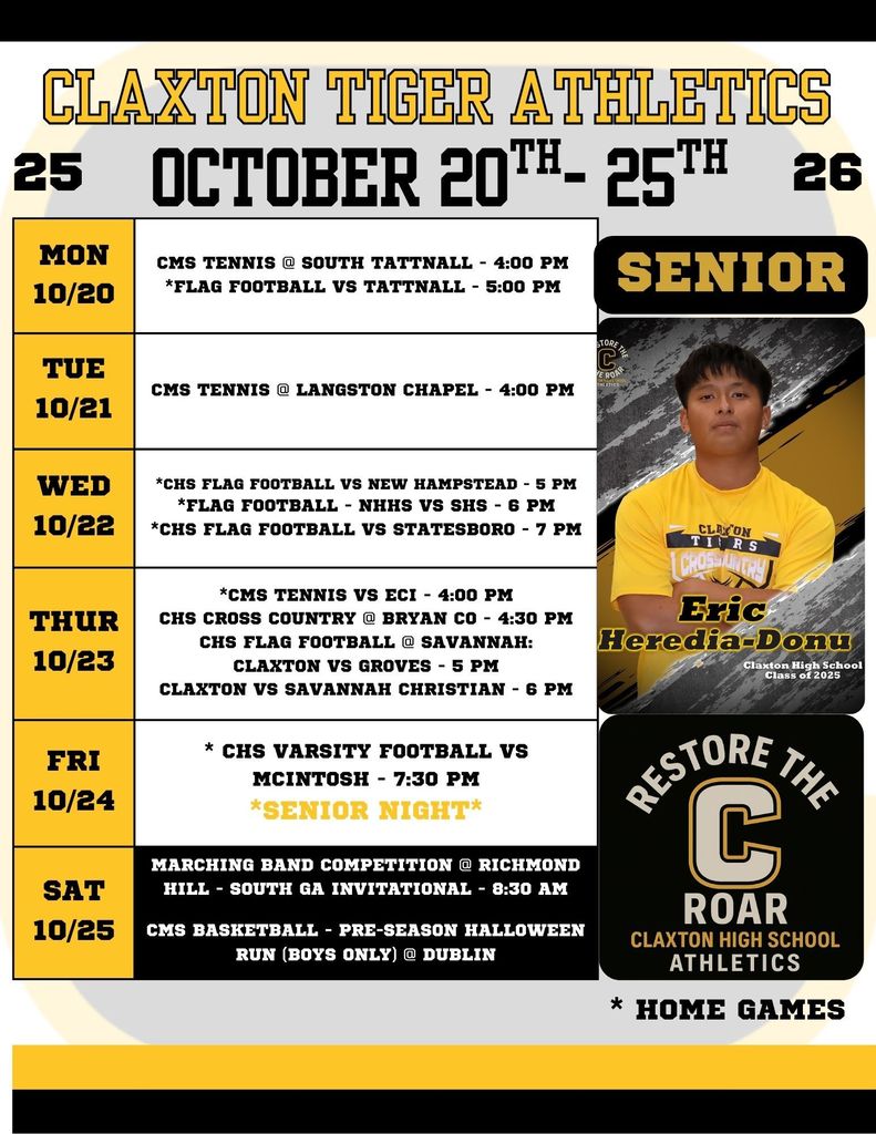 Weekly Athletic Schedule for October 20th-25th