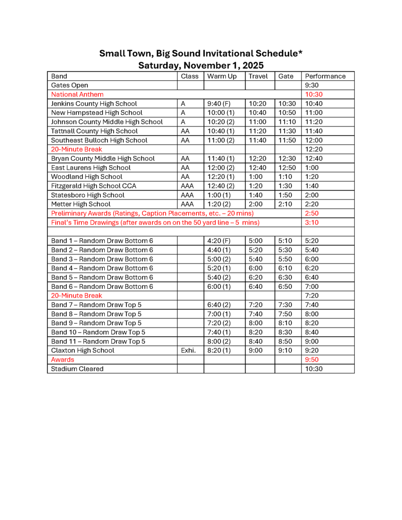 Image showing 2nd Annual Small Town Big Sound Marching Competition! Join us this Saturday, November 1st, for the 2nd Annual Small Town Big Sound Marching Competition, hosted by the Claxton High School Band! 🎶🎺 Eleven talented bands will be competing for the championship title in a day filled with musical excellence. Come out to enjoy the performances, check out the various vendors, and support our amazing student musicians. The schedule of performances is attached. The Claxton Tiger Band will perform in exhibition at 9:20 PM! Admission is just $10.00. We hope to see you there! 🏆 #SmallTownBigSound #MarchingBand #ClaxtonTigerBand #BandCompetition #CommunityEvent #SupportLocalMusic 🐯🎷🥁