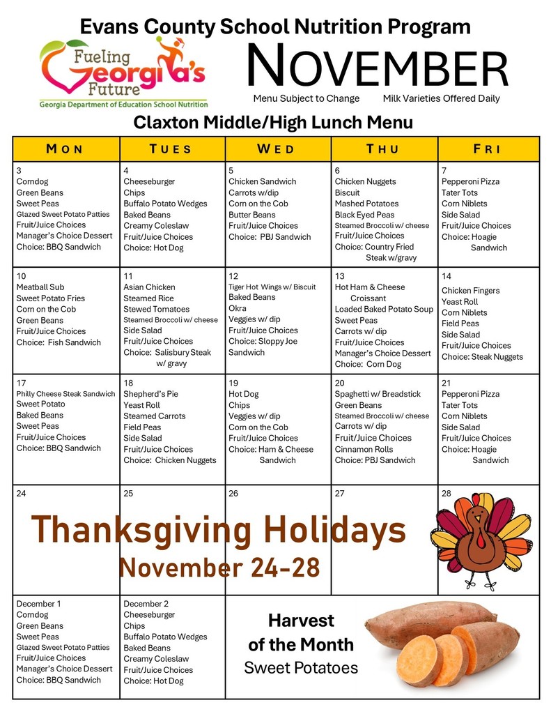 Claxton Middle/High Lunch Menu