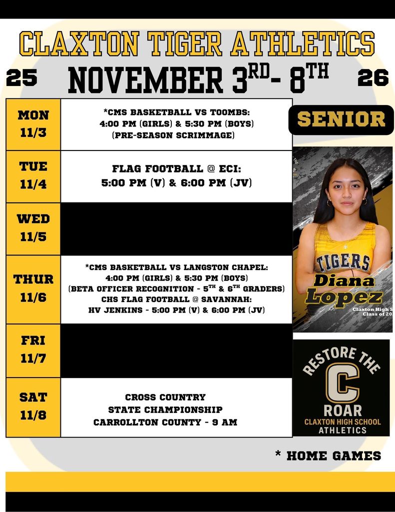 Claxton Tiger Athletics Weekly Schedule November 3-8