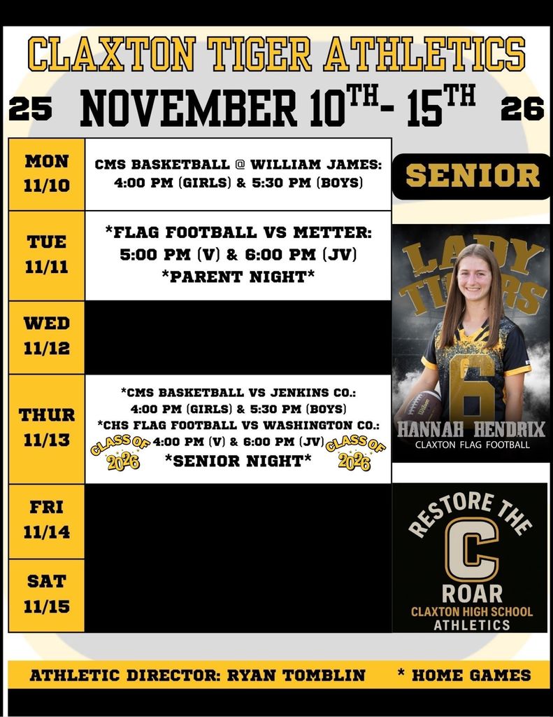 Week of November 10th Claxton Athletic Schedule