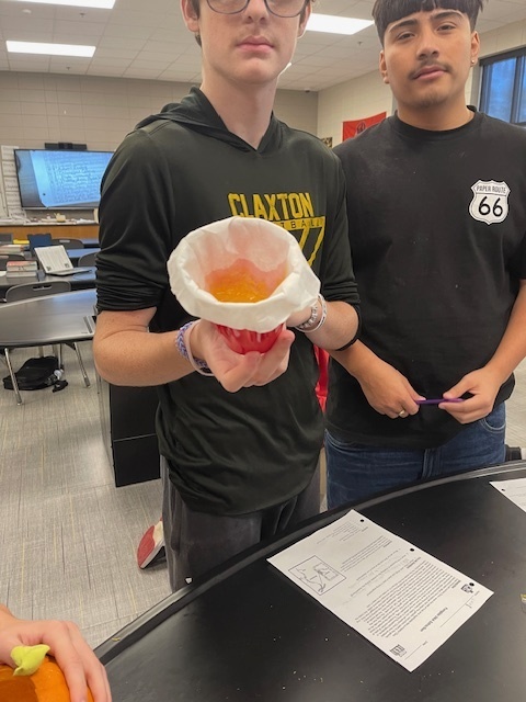 Image showing What's inside a pumpkin? Ask Mrs. Minis' Biology class! 🧠 Students spent time exploring the molecular building blocks of life by performing a hands-on lab to extract DNA from pumpkins. This simple yet powerful experiment helped them visualize DNA strands and reinforce their genetics lessons. After their lab, they enjoyed some fun carving time. Excellent job combining learning and celebration! 🖤🧡 #BiologyLab #DNAExtraction #MinisClass #ScienceEducation