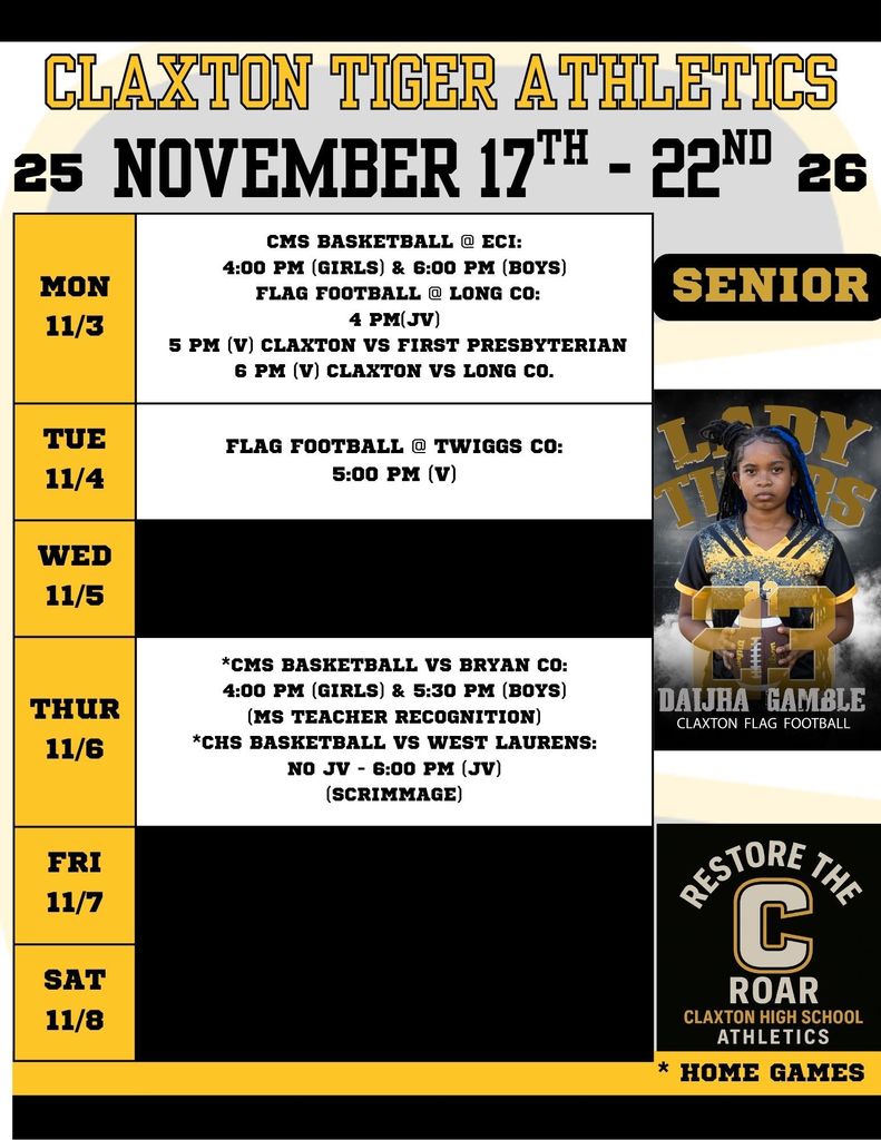 Claxton Tiger Athletics Weekly Schedule Nov 17-22